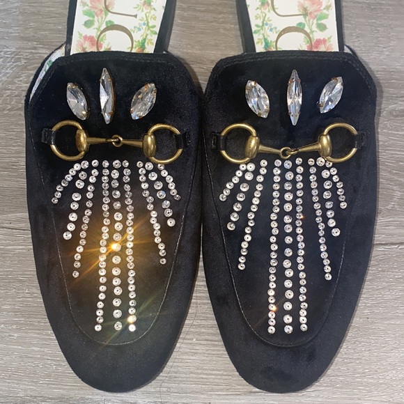 SOLD ❤️ Gucci Black Princetown Velvet Crystals Mules SZ 7 - Picture 4 of 11